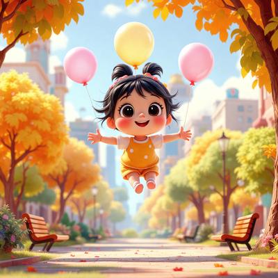 The primary subject of the image is a little girl flying through the air while holding balloons. She is wearing a yellow dress and has a smile on her face. The setting is a city street with trees and buildings in the background. The visual style is a digital art illustration, and the colors are predominantly yellow and orange, creating a cheerful and lively atmosphere.
